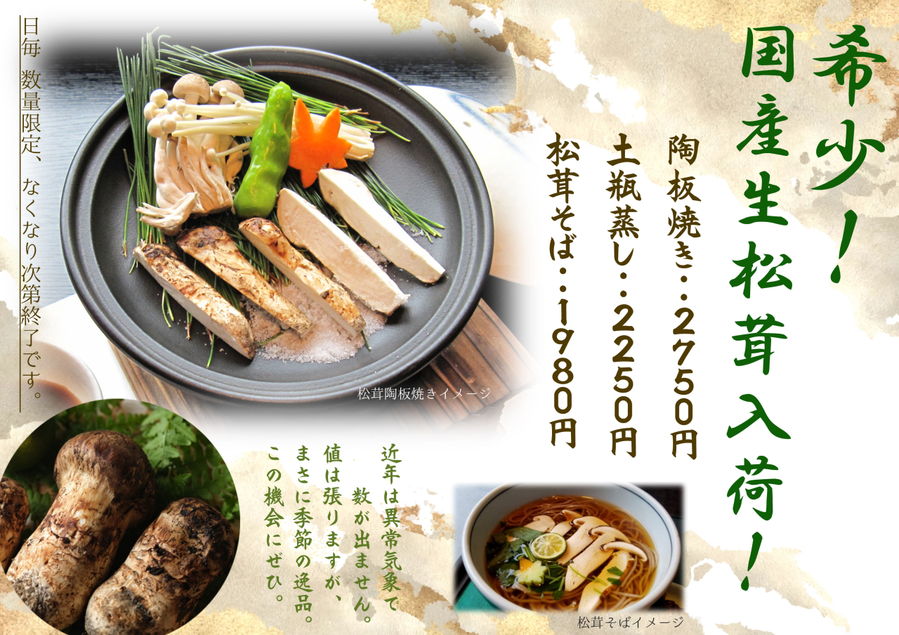 国産松茸メニュー始まりました。数量限定！